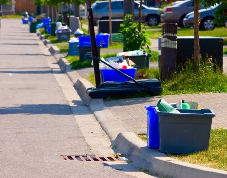 Recycling bins and sorted waste materials